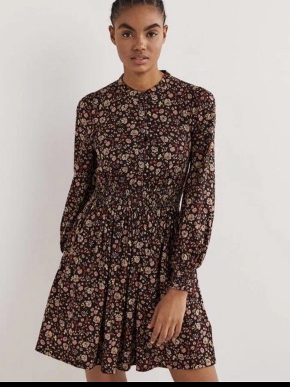 Boden Black & Red Smocked Jersey Shirt Dress Floral
